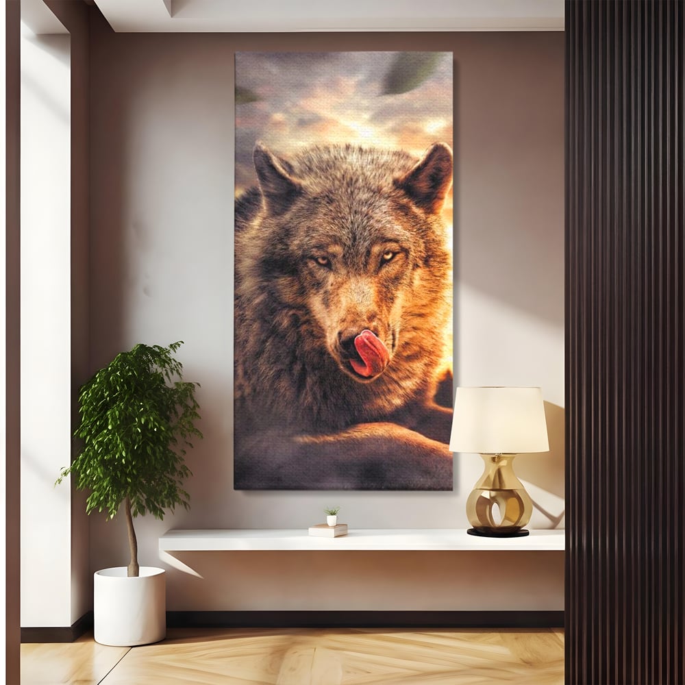 Tablou canvas cu tablou canvas cu lup salbatic la apus, fara rama, pe sasiu de lemn